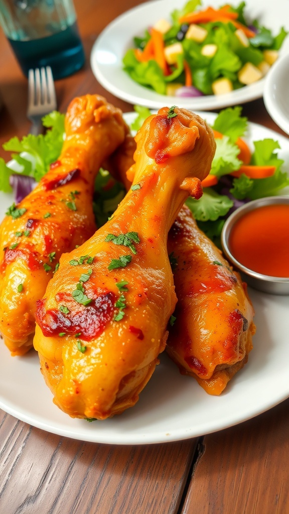A plate of crispy baked chicken drumsticks garnished with herbs, served with salad on a dining table.